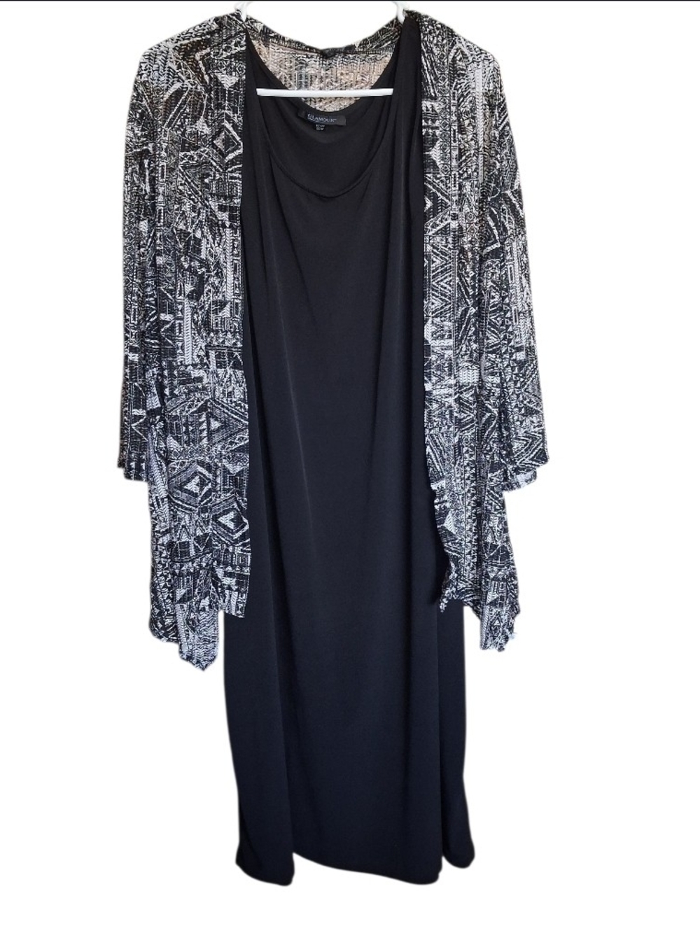 Glamour Women's 2-Piece Set: Black Midi Tank Dress & Geo-Print Flyaway Cardigan